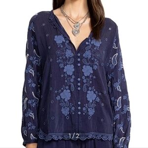Johnny Was Boho Navy Embroidered Floral Button-Front Blouse